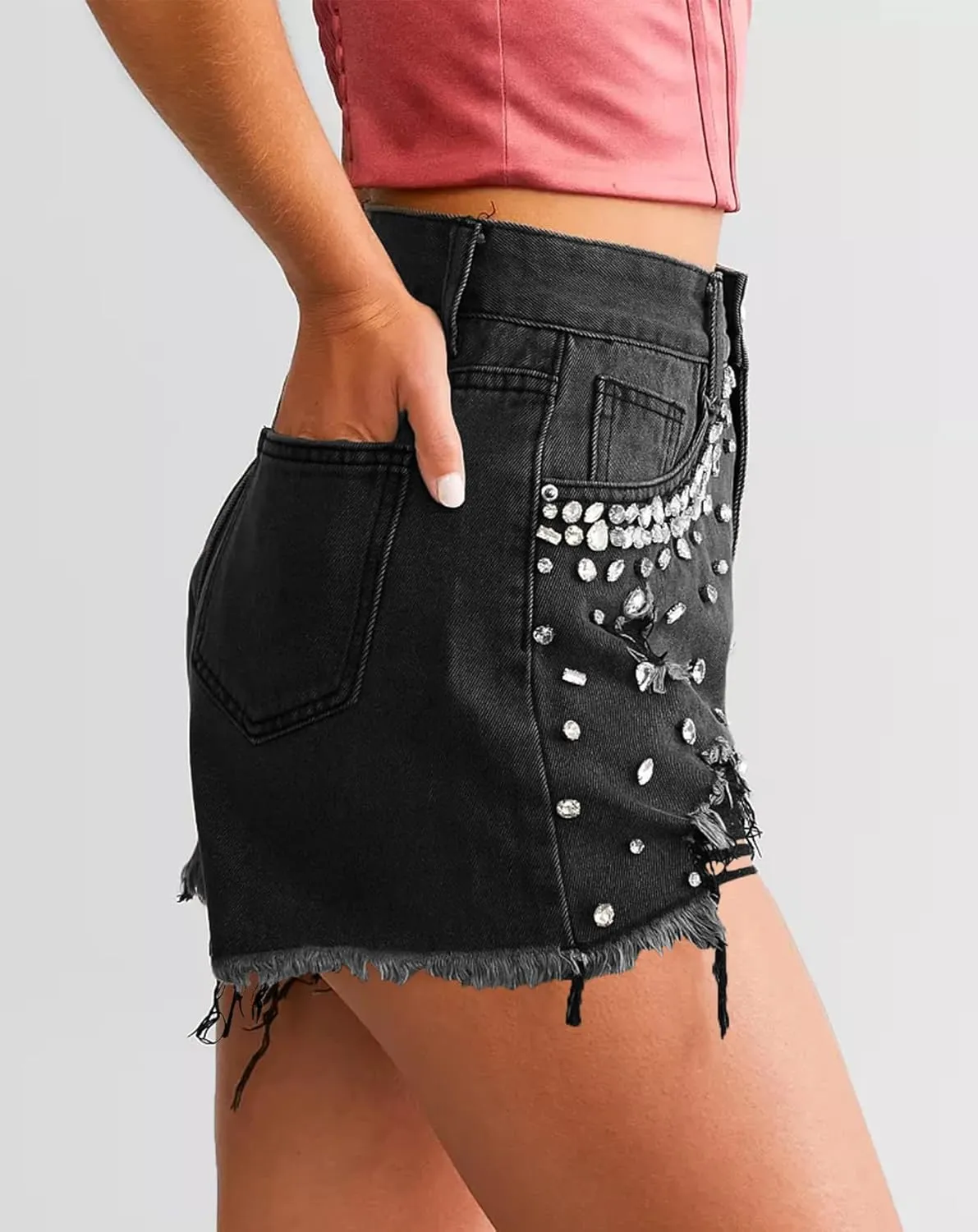 Kedera Women's Rhinestone Denim Shorts Jeans Shorts with Rhinestones High Waist Stretch Shorts Frayed Ripped Denim Shorts