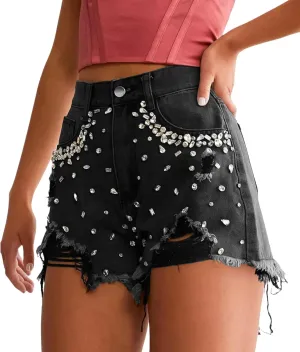 Kedera Women's Rhinestone Denim Shorts Jeans Shorts with Rhinestones High Waist Stretch Shorts Frayed Ripped Denim Shorts