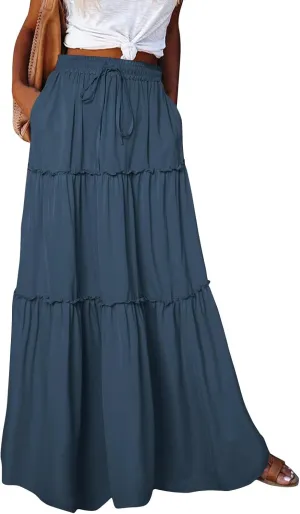KUIOLYPOER Womens Floral Print Boho Maxi Skirt Elastic High Waist Pleated Ruffle Flowy Long Skirts Trendy Tiered Flowy Skirt