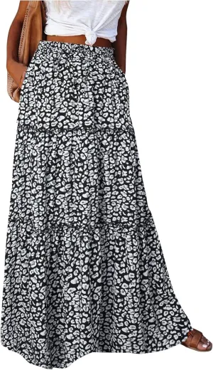 KUIOLYPOER Womens Floral Print Boho Maxi Skirt Elastic High Waist Pleated Ruffle Flowy Long Skirts Trendy Tiered Flowy Skirt