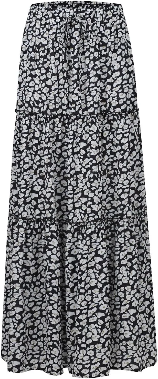 KUIOLYPOER Womens Floral Print Boho Maxi Skirt Elastic High Waist Pleated Ruffle Flowy Long Skirts Trendy Tiered Flowy Skirt