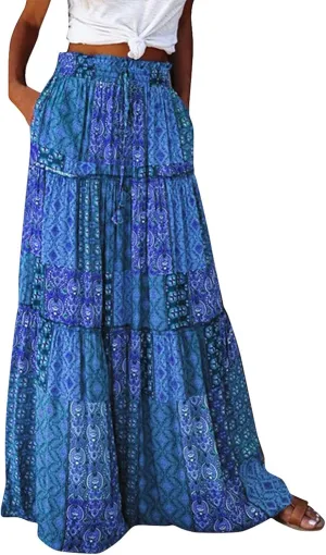 KUIOLYPOER Womens Floral Print Boho Maxi Skirt Elastic High Waist Pleated Ruffle Flowy Long Skirts Trendy Tiered Flowy Skirt