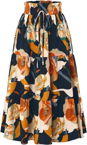 KUIOLYPOER Womens Floral Print Boho Maxi Skirt Elastic High Waist Pleated Ruffle Flowy Long Skirts Trendy Tiered Flowy Skirt