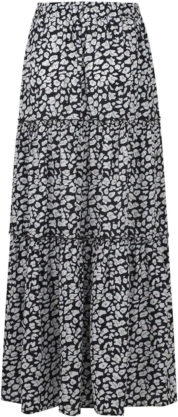 KUIOLYPOER Womens Floral Print Boho Maxi Skirt Elastic High Waist Pleated Ruffle Flowy Long Skirts Trendy Tiered Flowy Skirt