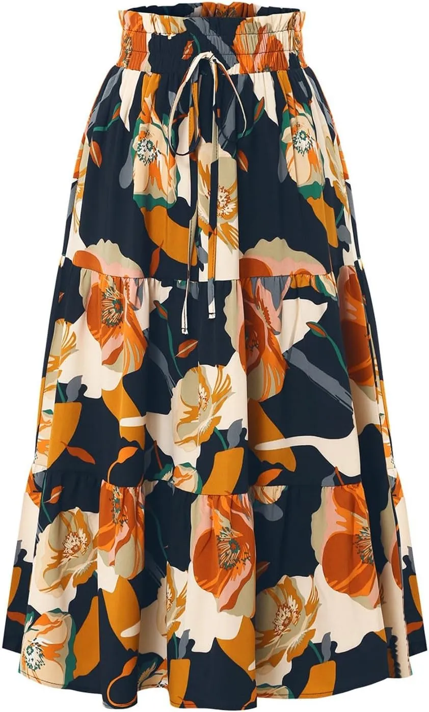 KUIOLYPOER Womens Floral Print Boho Maxi Skirt Elastic High Waist Pleated Ruffle Flowy Long Skirts Trendy Tiered Flowy Skirt