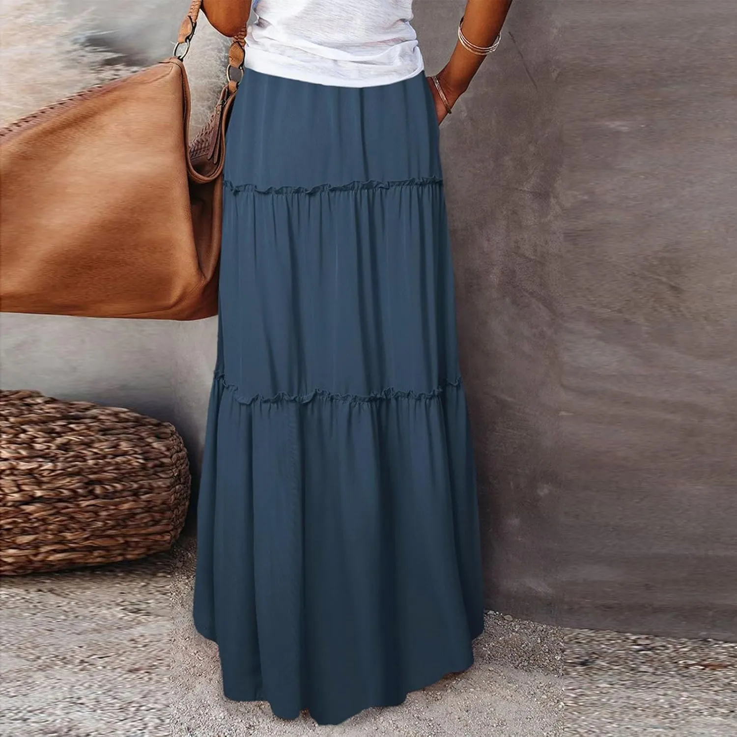 KUIOLYPOER Womens Floral Print Boho Maxi Skirt Elastic High Waist Pleated Ruffle Flowy Long Skirts Trendy Tiered Flowy Skirt