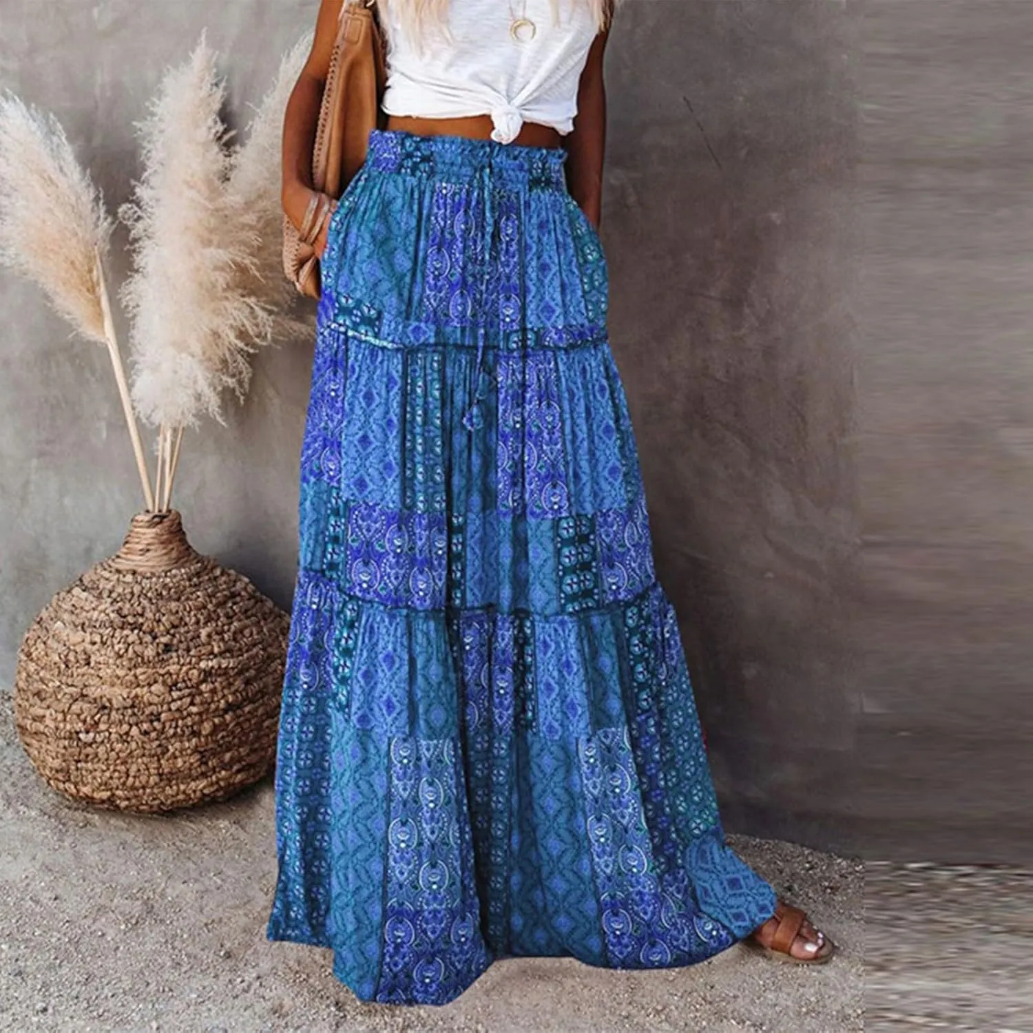 KUIOLYPOER Womens Floral Print Boho Maxi Skirt Elastic High Waist Pleated Ruffle Flowy Long Skirts Trendy Tiered Flowy Skirt