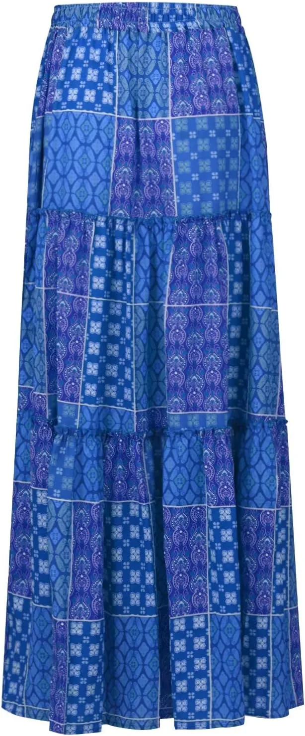 KUIOLYPOER Womens Floral Print Boho Maxi Skirt Elastic High Waist Pleated Ruffle Flowy Long Skirts Trendy Tiered Flowy Skirt