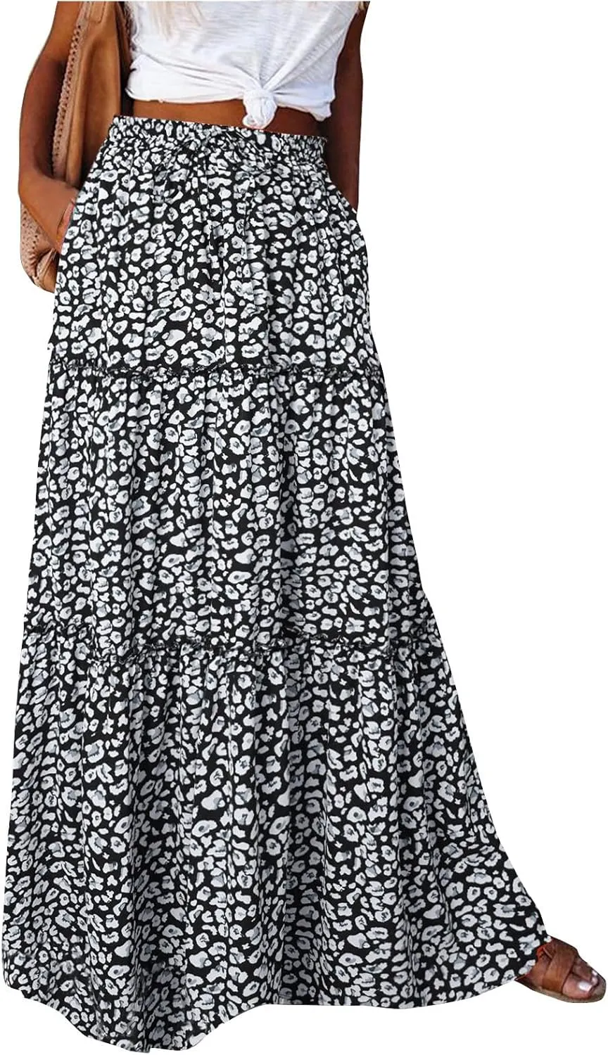 KUIOLYPOER Womens Floral Print Boho Maxi Skirt Elastic High Waist Pleated Ruffle Flowy Long Skirts Trendy Tiered Flowy Skirt