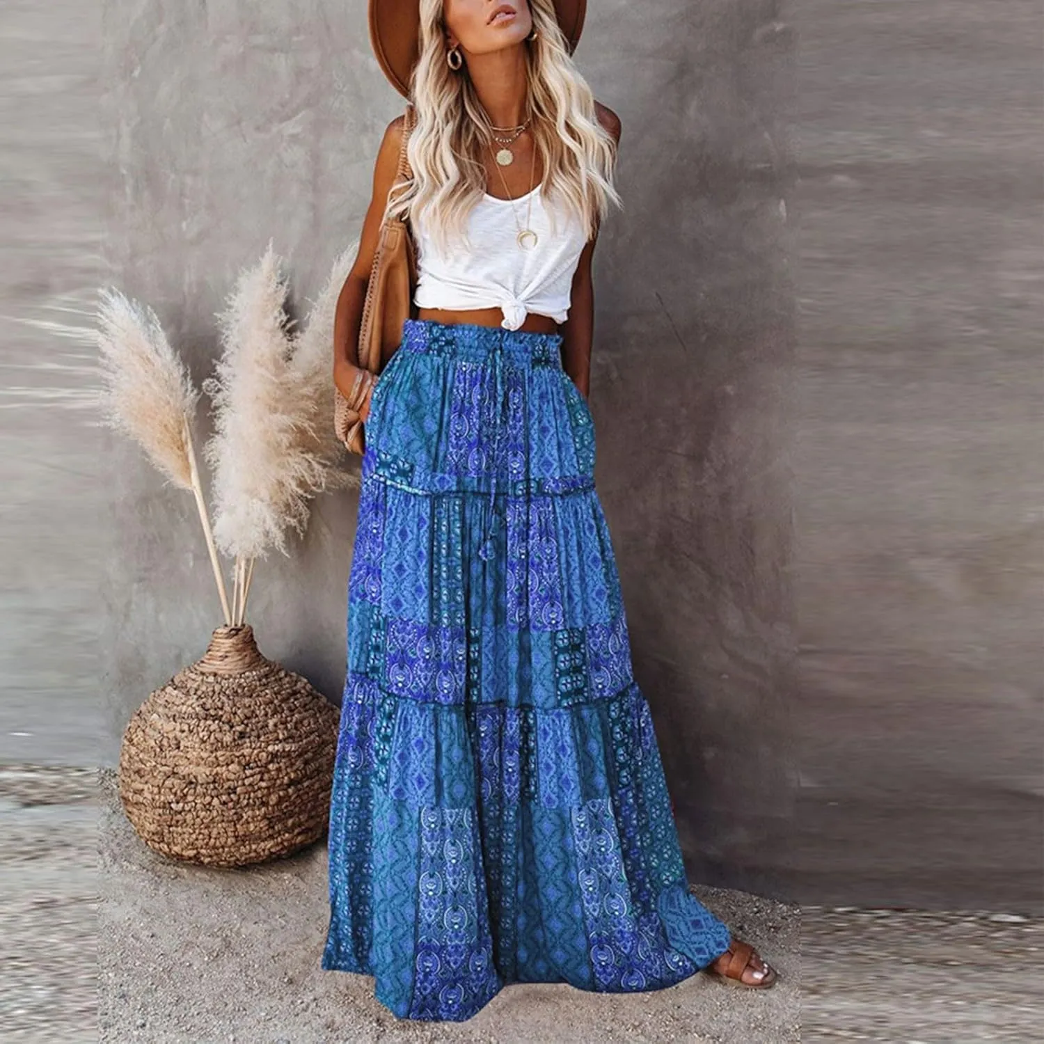 KUIOLYPOER Womens Floral Print Boho Maxi Skirt Elastic High Waist Pleated Ruffle Flowy Long Skirts Trendy Tiered Flowy Skirt
