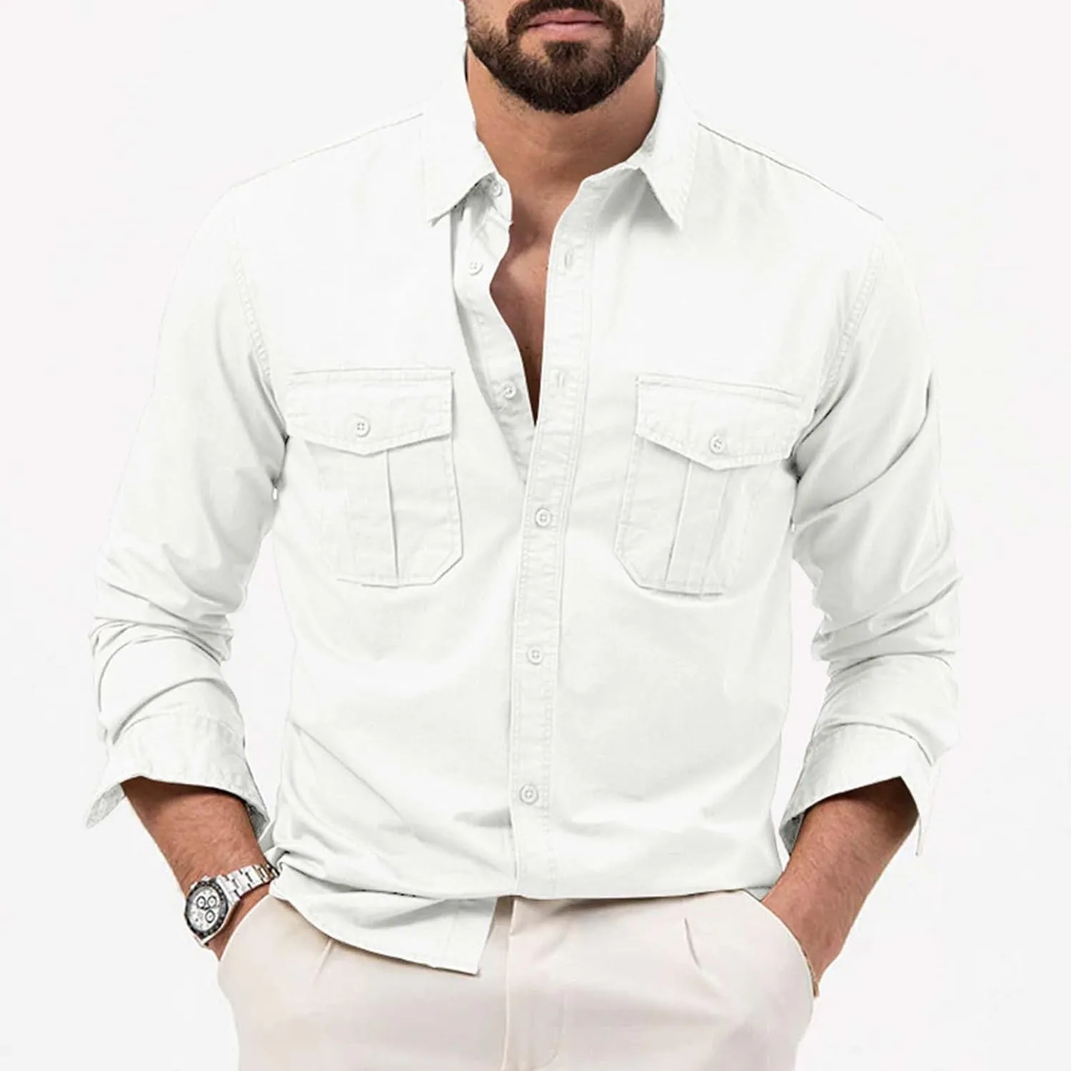 LCMTWX Men's Long Sleeve Button Up Shirts Long Sleeved Lapel Solid Color Shirt Shirt Double Pockets Men's Shirt Tee Shirts