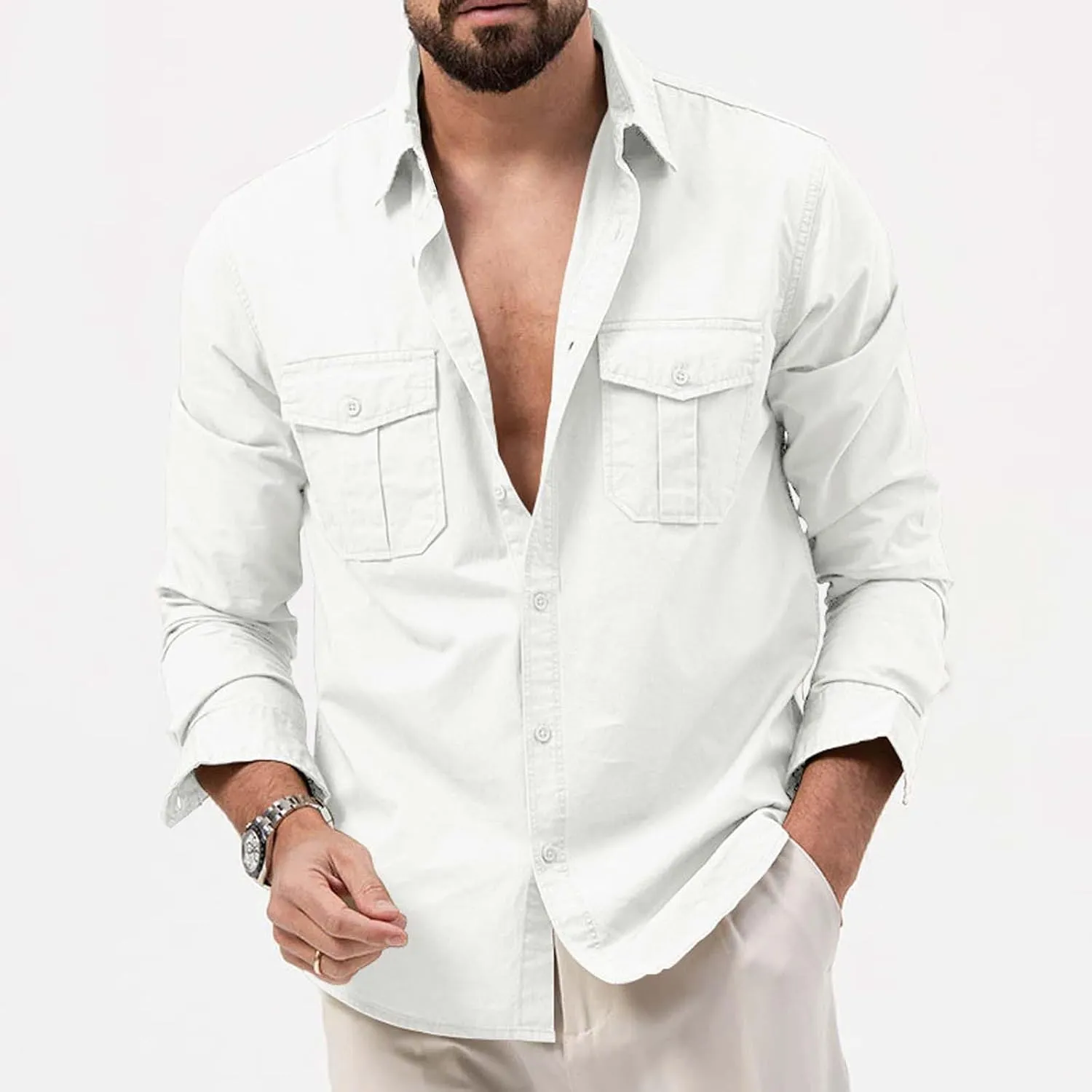 LCMTWX Men's Long Sleeve Button Up Shirts Long Sleeved Lapel Solid Color Shirt Shirt Double Pockets Men's Shirt Tee Shirts
