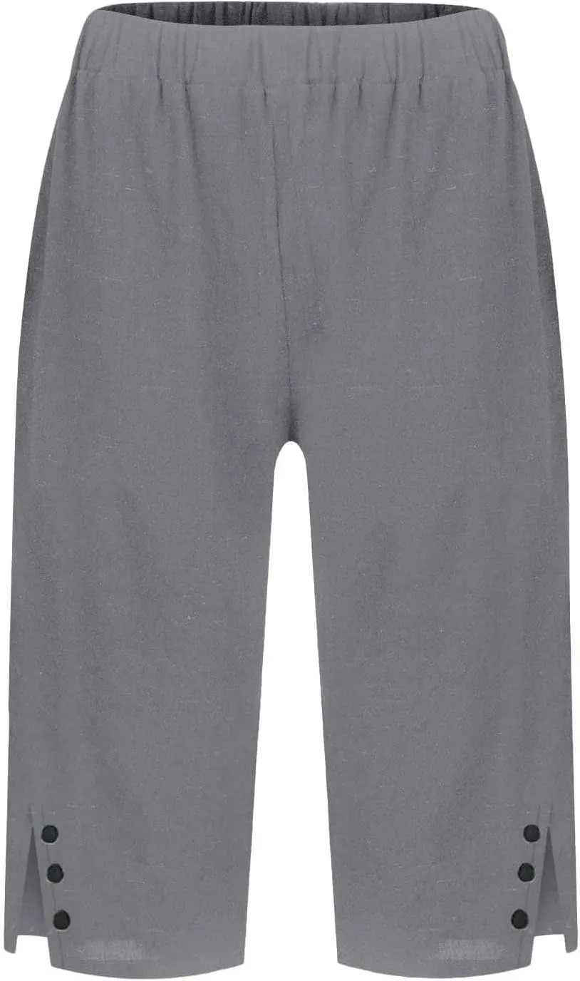 Linen Bermuda Shorts for Women Knee Length Lightweight Casual Capris Pants Ladies Summer Outfits with Pockets