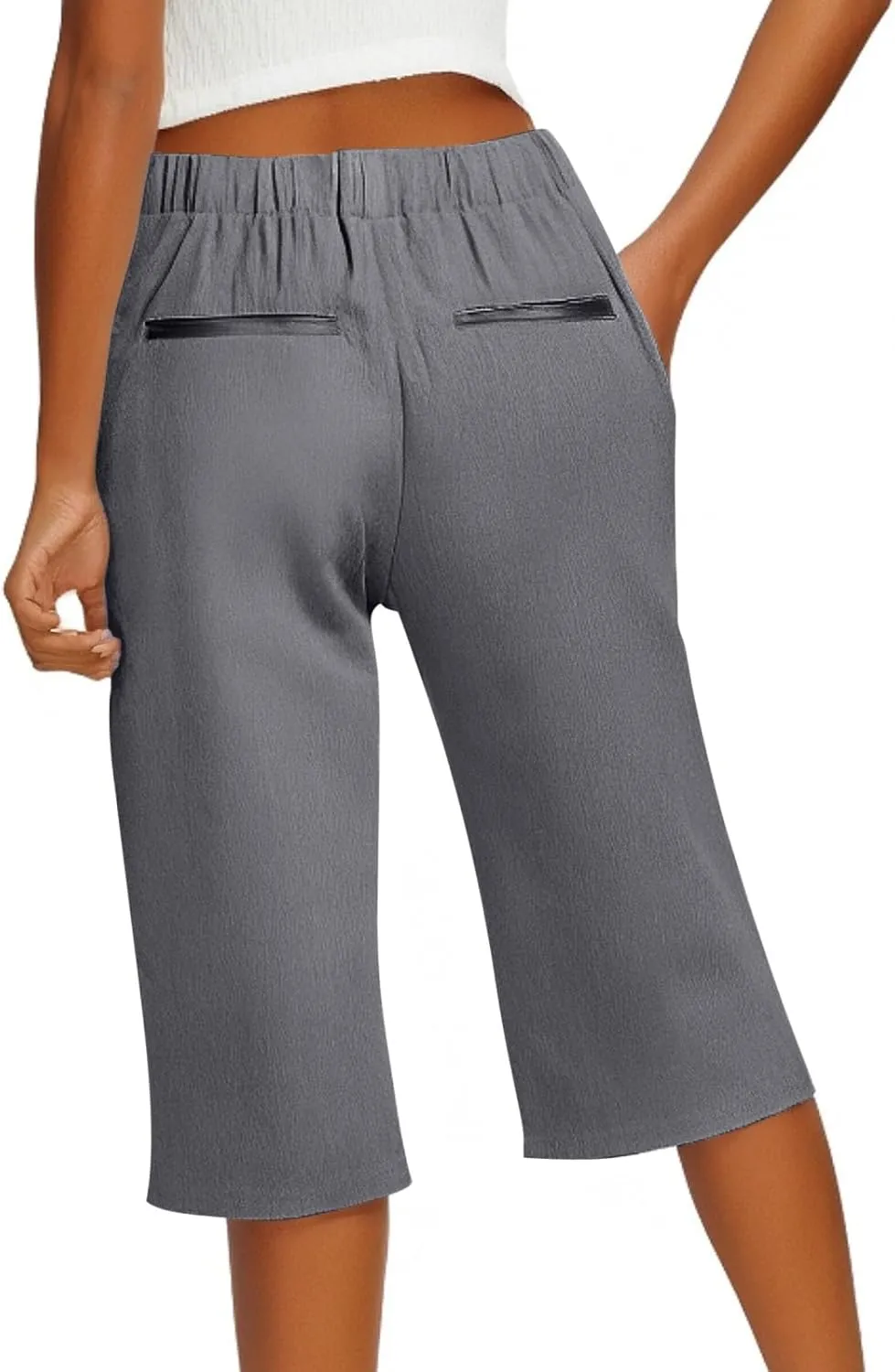 Linen Bermuda Shorts for Women Knee Length Lightweight Casual Capris Pants Ladies Summer Outfits with Pockets
