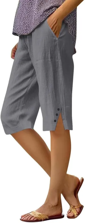 Linen Bermuda Shorts for Women Knee Length Lightweight Casual Capris Pants Ladies Summer Outfits with Pockets