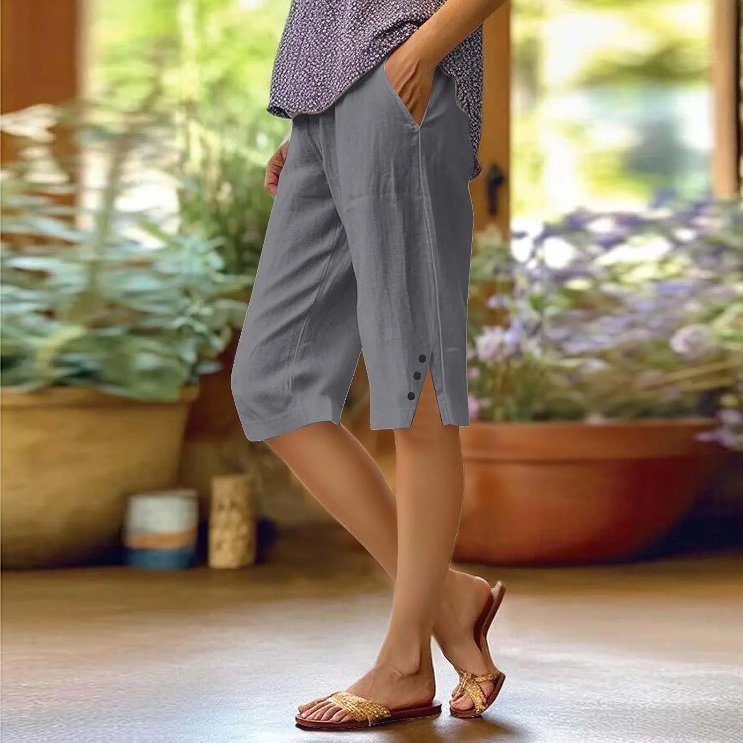 Linen Bermuda Shorts for Women Knee Length Lightweight Casual Capris Pants Ladies Summer Outfits with Pockets