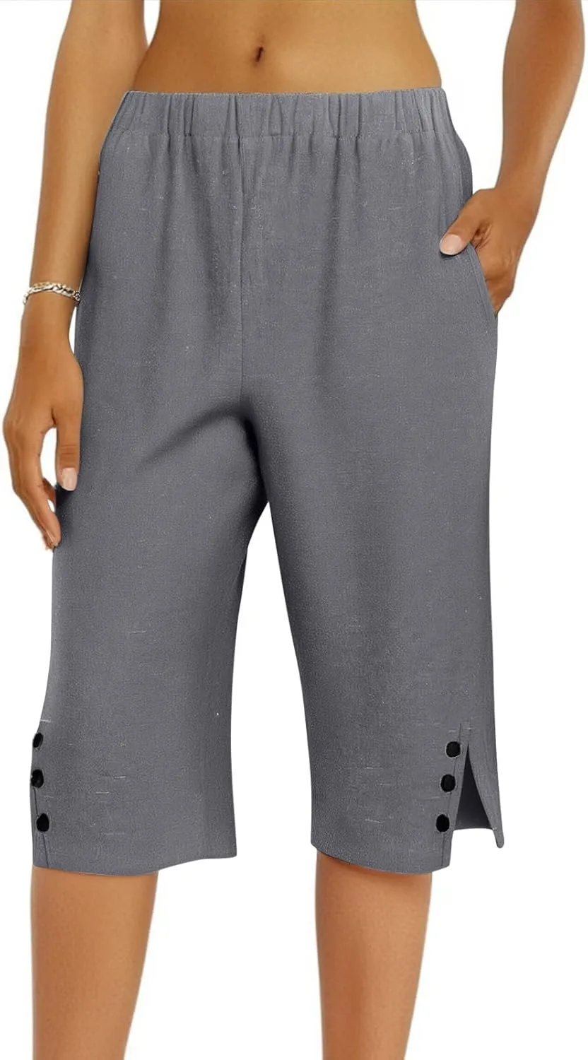 Linen Bermuda Shorts for Women Knee Length Lightweight Casual Capris Pants Ladies Summer Outfits with Pockets