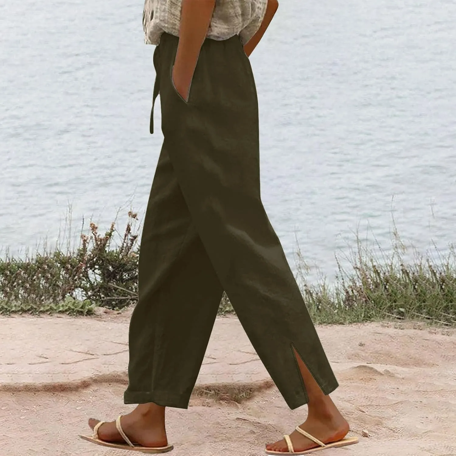 Linen Pants Women High Waist Elastic Straight Leg Lounge Pant 2025 Summer Casual Loose Lightweight Beach Trousers