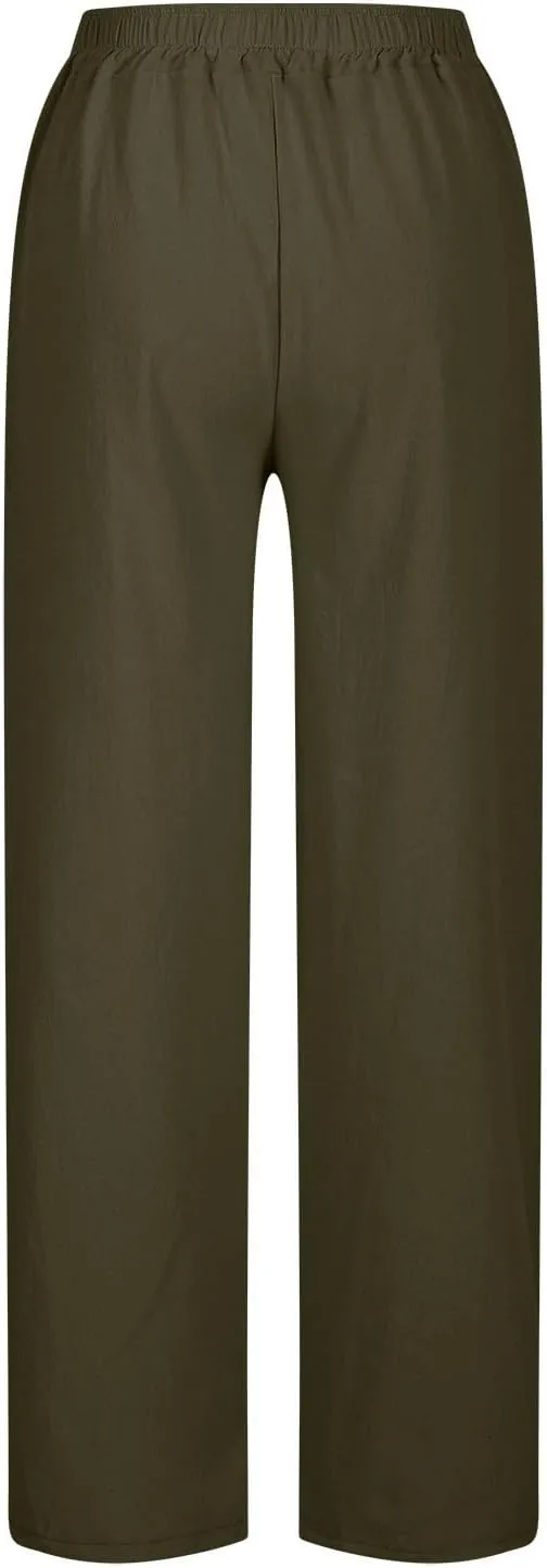 Linen Pants Women High Waist Elastic Straight Leg Lounge Pant 2025 Summer Casual Loose Lightweight Beach Trousers