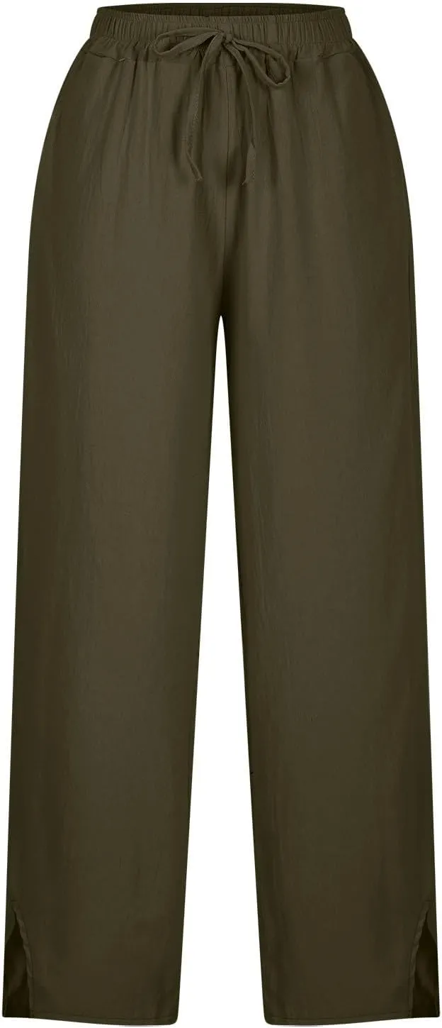 Linen Pants Women High Waist Elastic Straight Leg Lounge Pant 2025 Summer Casual Loose Lightweight Beach Trousers
