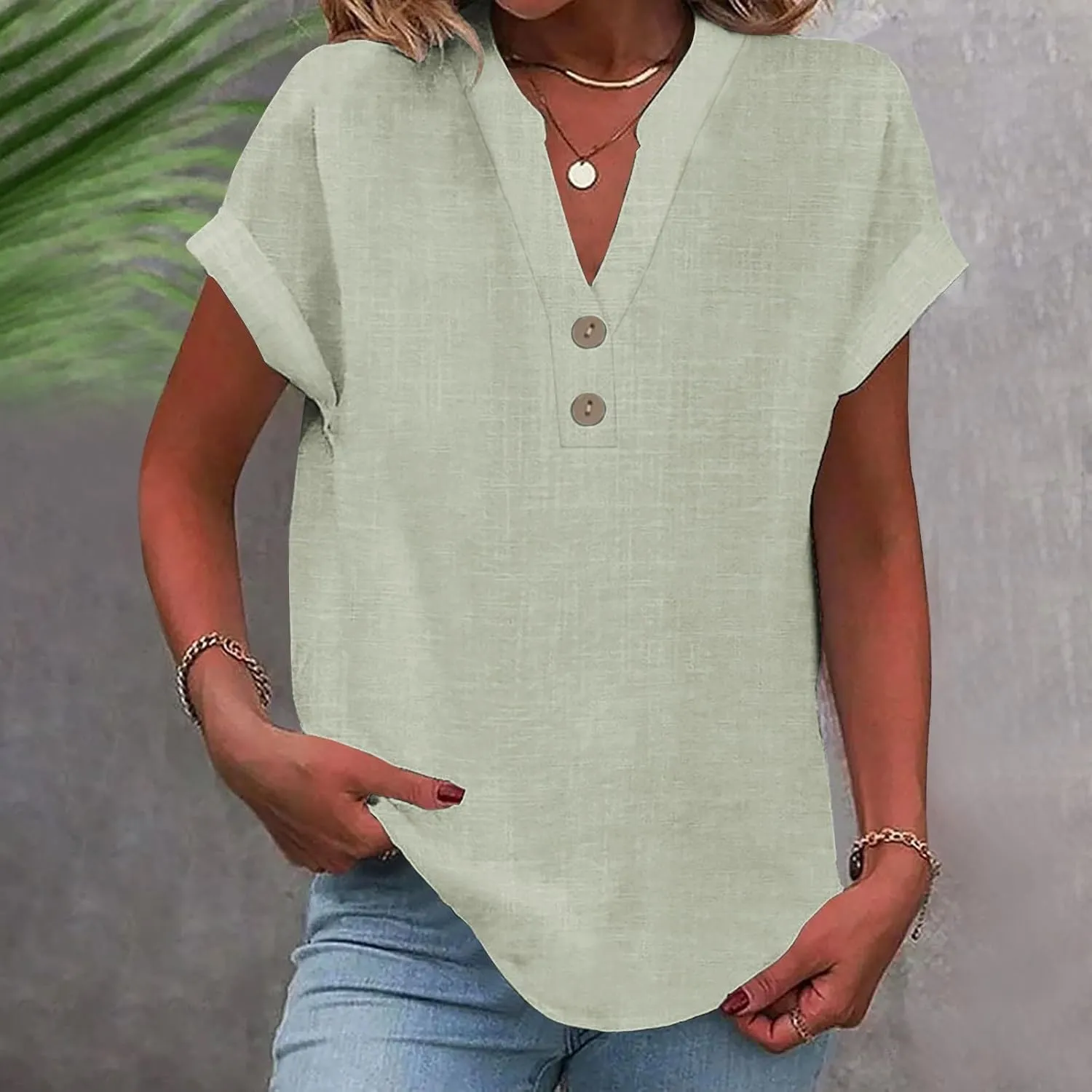 Linen Shirts for Women 2025 Summer Casual Button Down V Neck Short Sleeve Tops Comfy Trendy Business Work Blouses