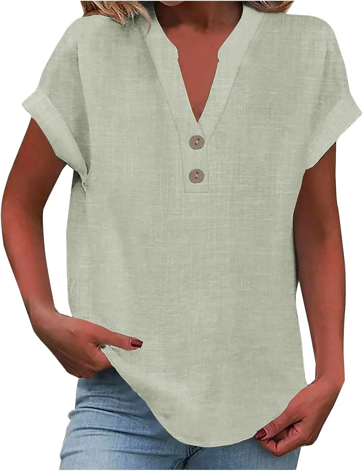 Linen Shirts for Women 2025 Summer Casual Button Down V Neck Short Sleeve Tops Comfy Trendy Business Work Blouses