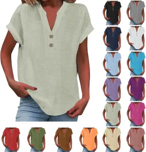 Linen Shirts for Women 2025 Summer Casual Button Down V Neck Short Sleeve Tops Comfy Trendy Business Work Blouses