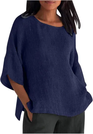 Linen Shirts for Women 3/4 Sleeve 2024 Solid Color V-Neck Tunic Blouse Casual 3/4 Length Sleeve Summer Tops
