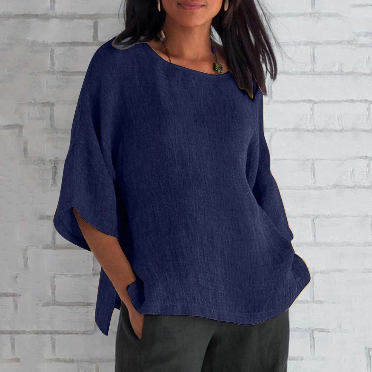 Linen Shirts for Women 3/4 Sleeve 2024 Solid Color V-Neck Tunic Blouse Casual 3/4 Length Sleeve Summer Tops