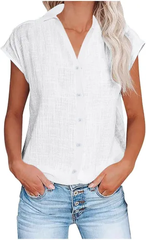 Linen Shirts for Women Short Sleeve Button Down Solid Cotton Linen Blouse Summer Spring Fashion Office Work Top Tees