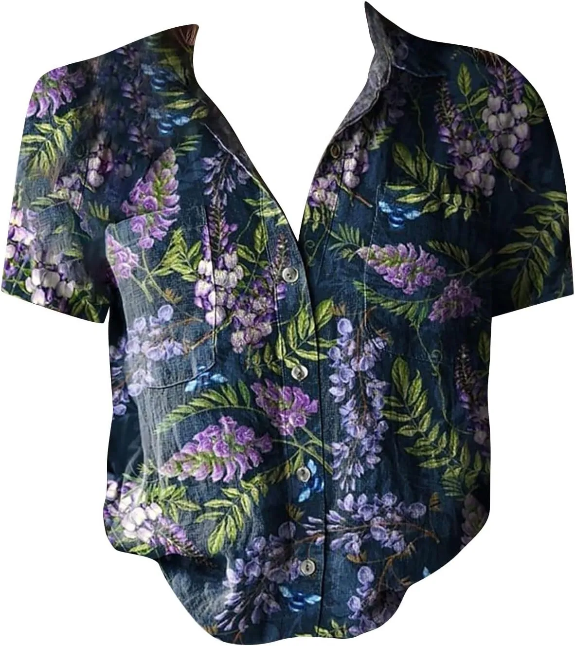 Linen Shirts for Women Summer Casual Beach Tops with Pockets V Neck Collared Black and White Stripes and White Floral Prints