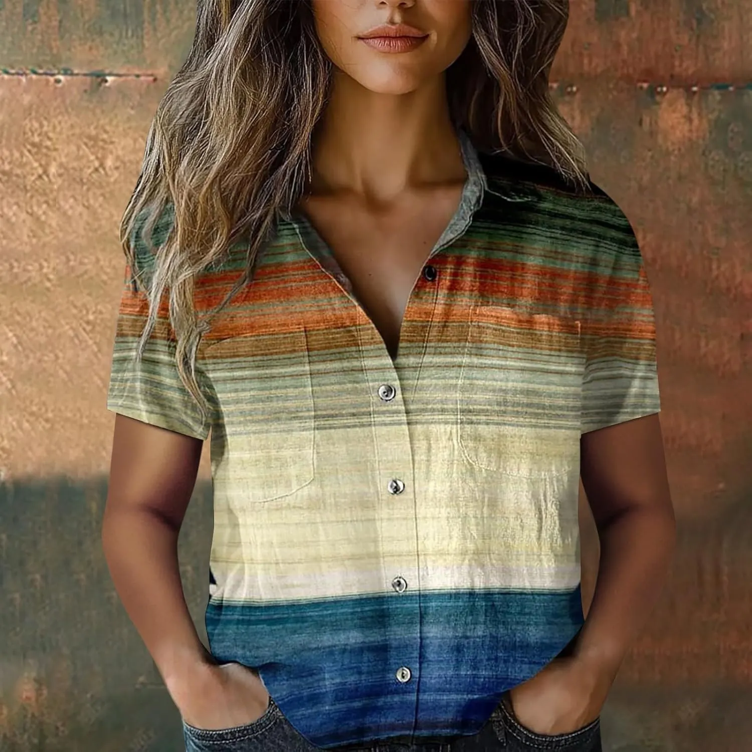 Linen Shirts for Women Summer Casual Beach Tops with Pockets V Neck Collared Black and White Stripes and White Floral Prints