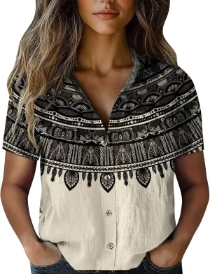 Linen Shirts for Women Summer Casual Beach Tops with Pockets V Neck Collared Black and White Stripes and White Floral Prints