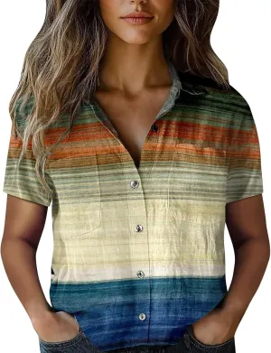 Linen Shirts for Women Summer Casual Beach Tops with Pockets V Neck Collared Black and White Stripes and White Floral Prints