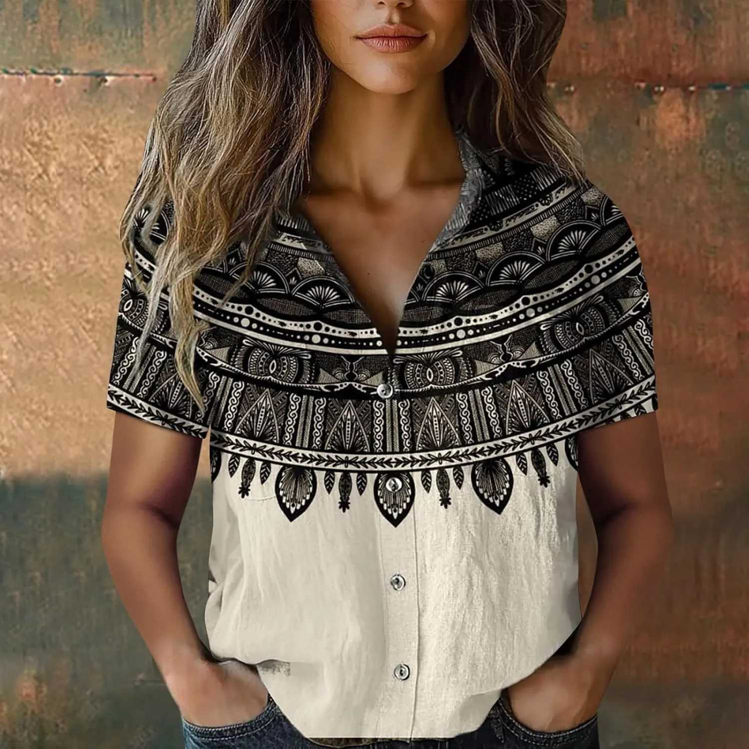 Linen Shirts for Women Summer Casual Beach Tops with Pockets V Neck Collared Black and White Stripes and White Floral Prints