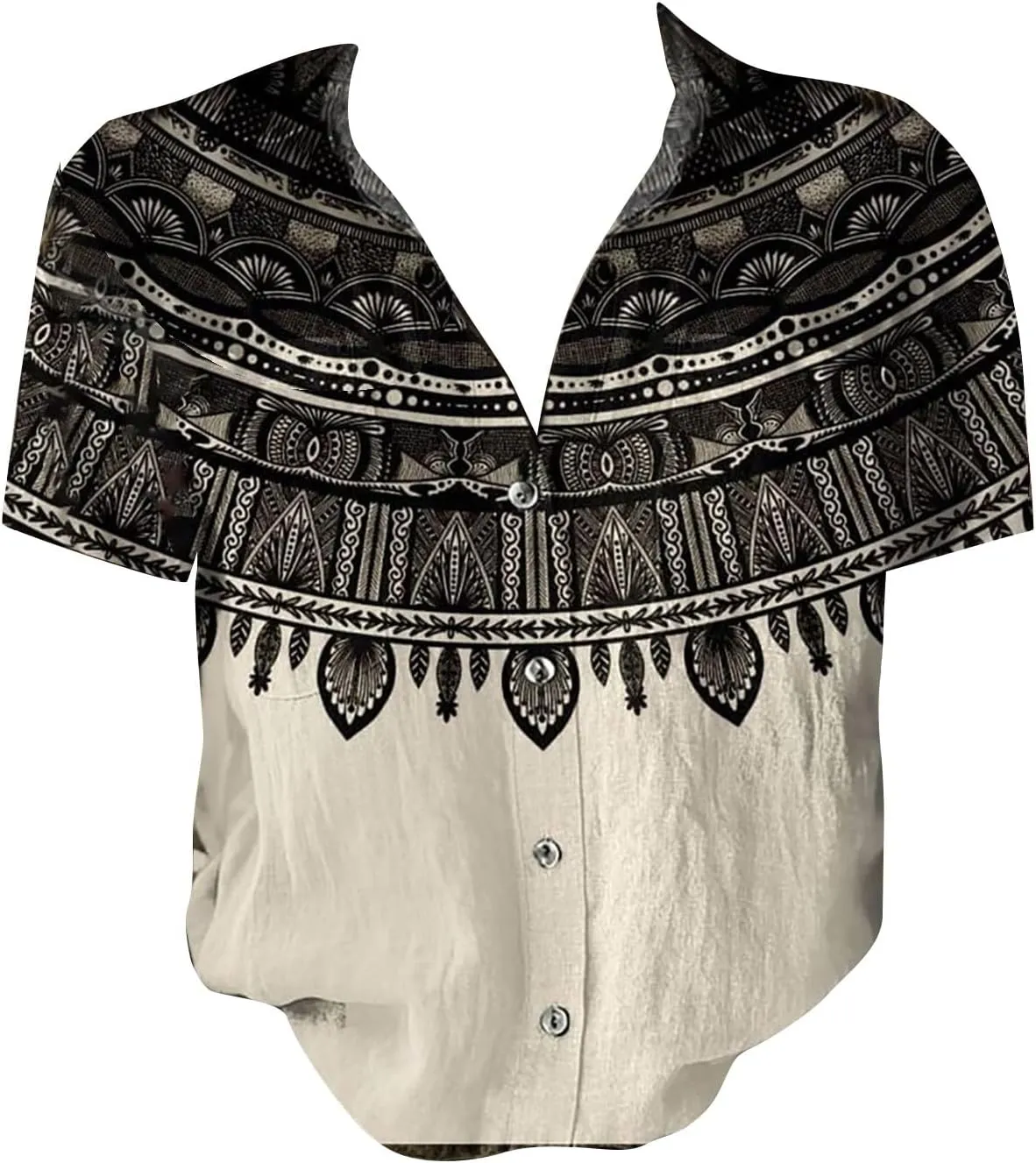 Linen Shirts for Women Summer Casual Beach Tops with Pockets V Neck Collared Black and White Stripes and White Floral Prints