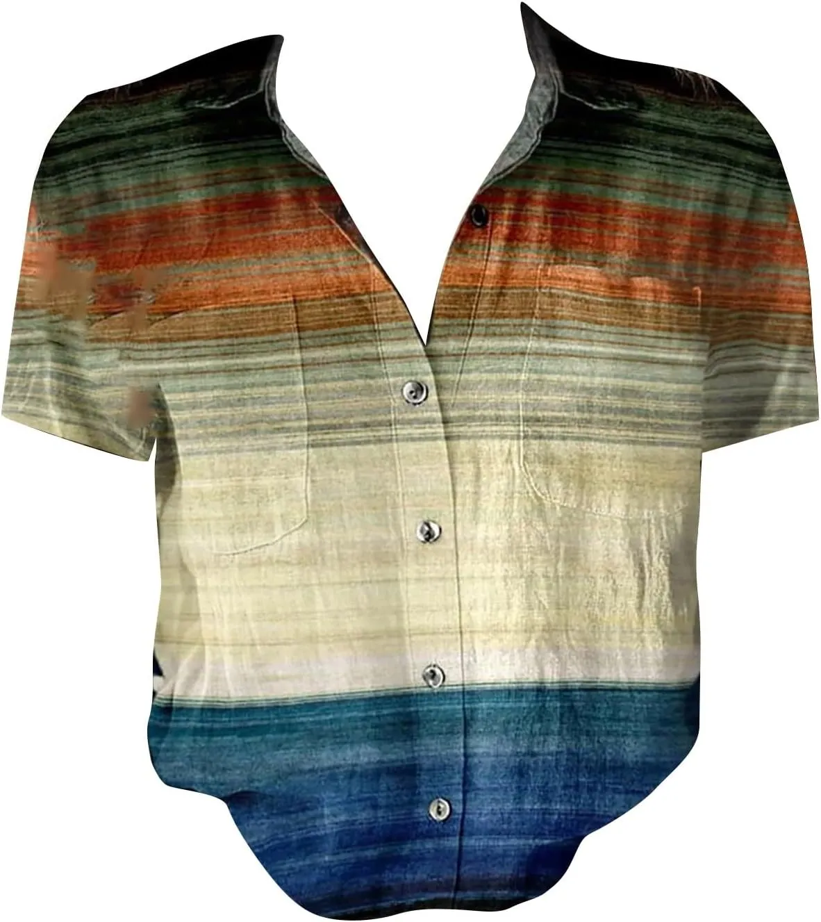 Linen Shirts for Women Summer Casual Beach Tops with Pockets V Neck Collared Black and White Stripes and White Floral Prints