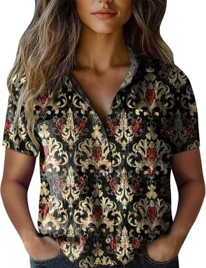 Linen Shirts for Women Summer Casual Beach Tops with Pockets V Neck Collared Black and White Stripes and White Floral Prints