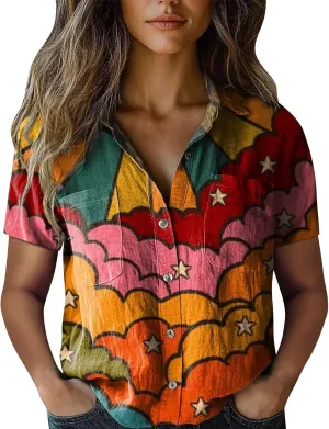 Linen Shirts for Women Summer Casual Beach Tops with Pockets V Neck Collared Black and White Stripes and White Floral Prints
