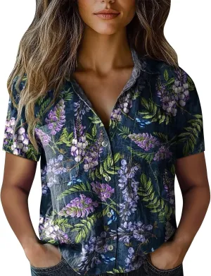Linen Shirts for Women Summer Casual Beach Tops with Pockets V Neck Collared Black and White Stripes and White Floral Prints