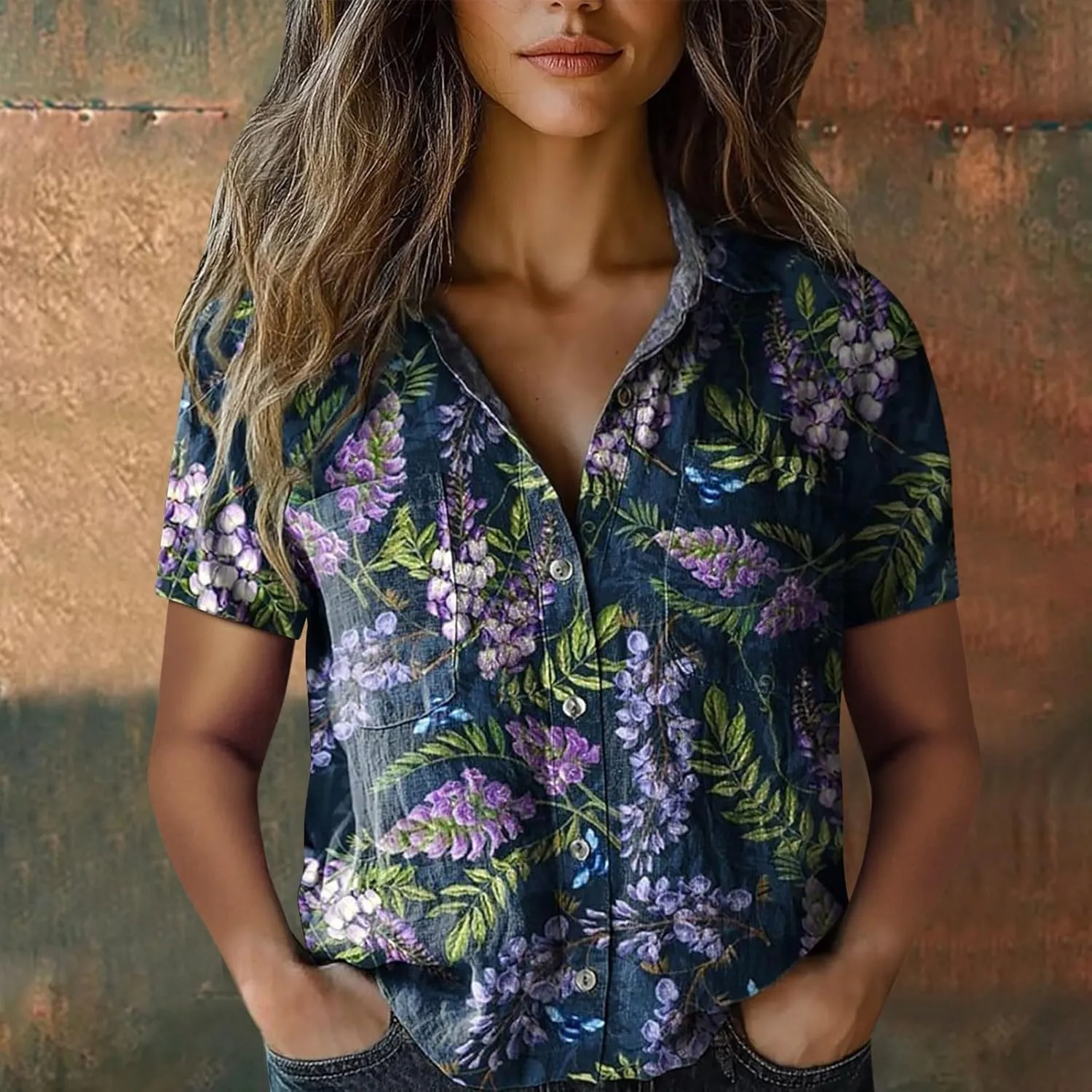 Linen Shirts for Women Summer Casual Beach Tops with Pockets V Neck Collared Black and White Stripes and White Floral Prints
