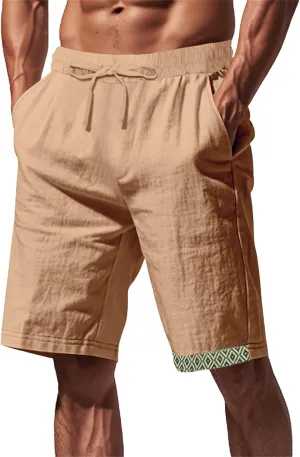Linen Shorts for Mens Baggy Cool Boho Beach Vacation Summer Pants Elastic Waist Drawstring Casual Shorts with Pockets