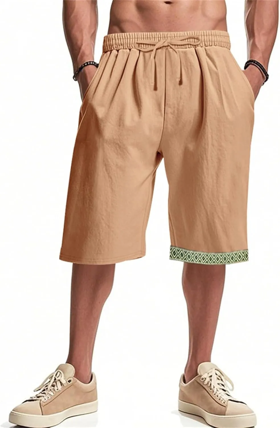 Linen Shorts for Mens Baggy Cool Boho Beach Vacation Summer Pants Elastic Waist Drawstring Casual Shorts with Pockets