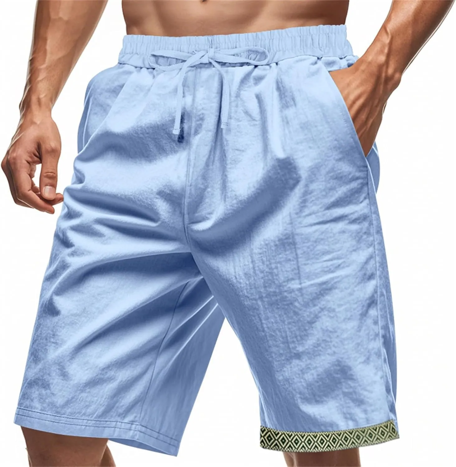 Linen Shorts for Mens Baggy Cool Boho Beach Vacation Summer Pants Elastic Waist Drawstring Casual Shorts with Pockets