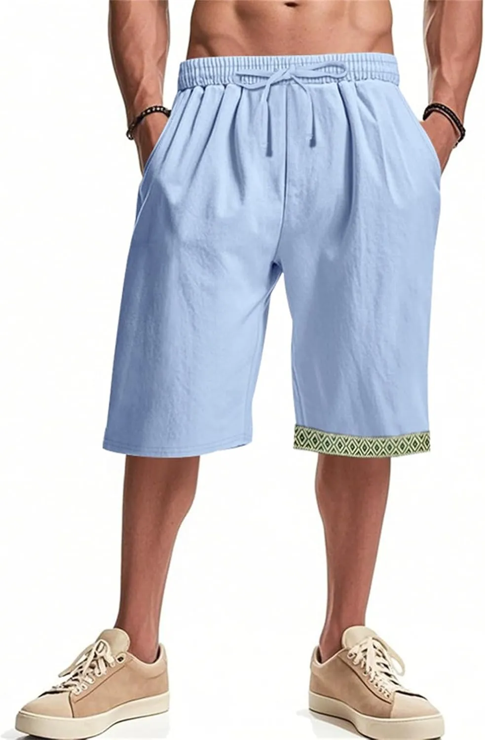 Linen Shorts for Mens Baggy Cool Boho Beach Vacation Summer Pants Elastic Waist Drawstring Casual Shorts with Pockets