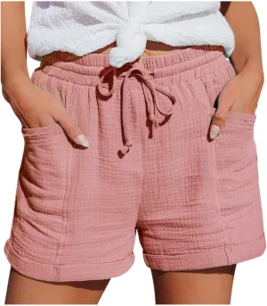 Linen Shorts for Women Drawstring Loose Breathable Summer Elastic Waist Casual Lightweight Shorts with Pockets Beach