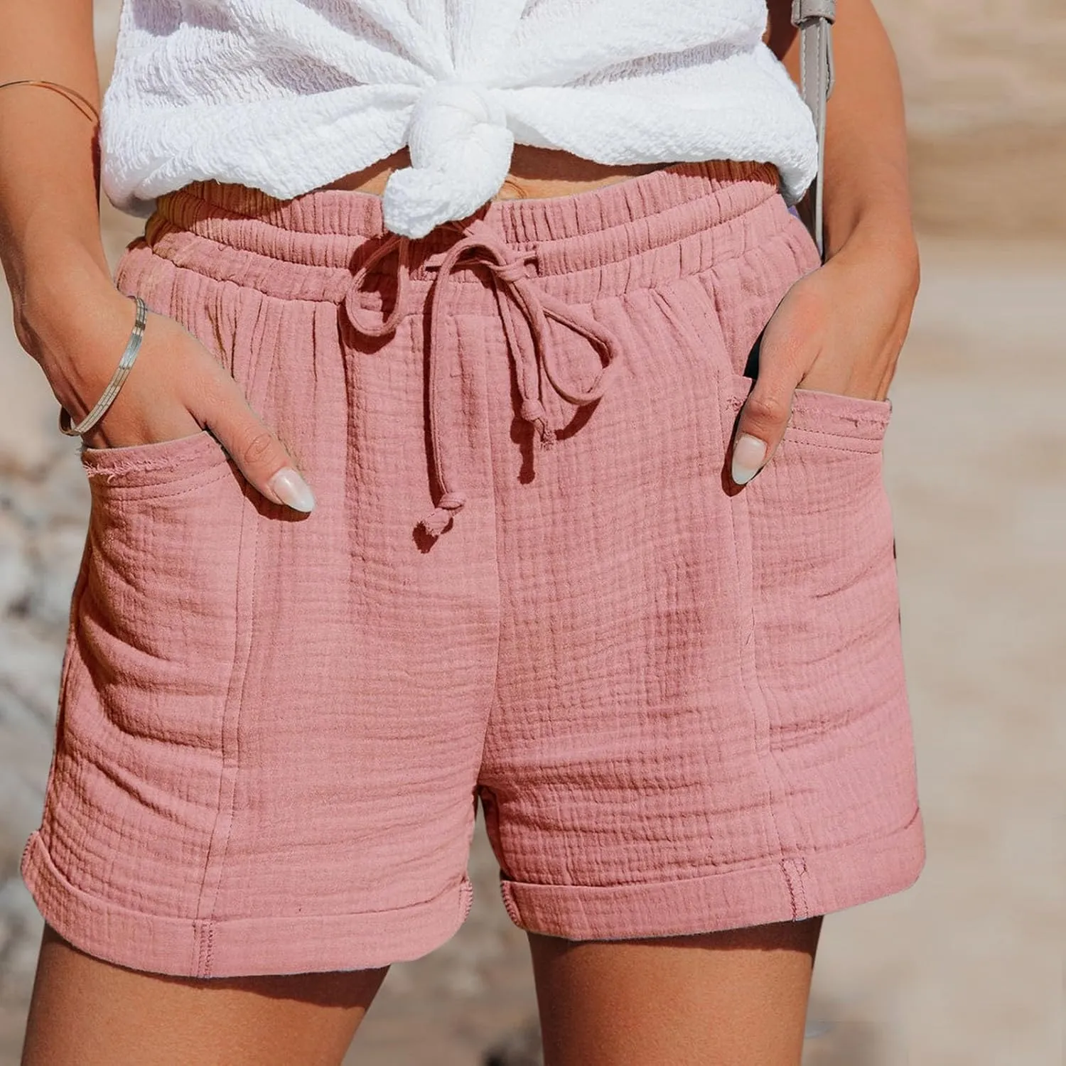 Linen Shorts for Women Drawstring Loose Breathable Summer Elastic Waist Casual Lightweight Shorts with Pockets Beach