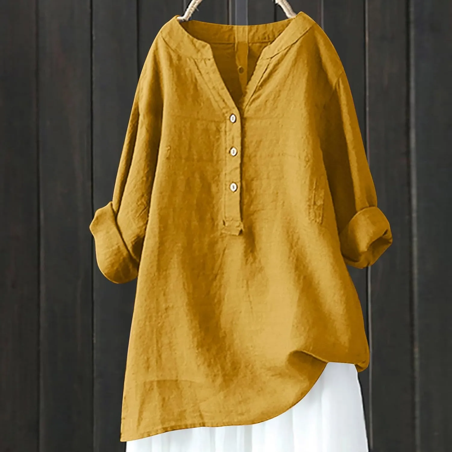 Linen Tops for Women Plus Sized Long Sleeve V-Neck Blouse Tops Casual Solid Color Spring Oclothes