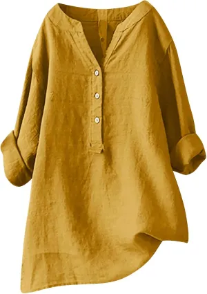 Linen Tops for Women Plus Sized Long Sleeve V-Neck Blouse Tops Casual Solid Color Spring Oclothes