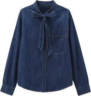 Long Sleeve Denim Shirts for Women Spring Fashion Bow Collar Button-Up Patch Pocket Blouses Tops